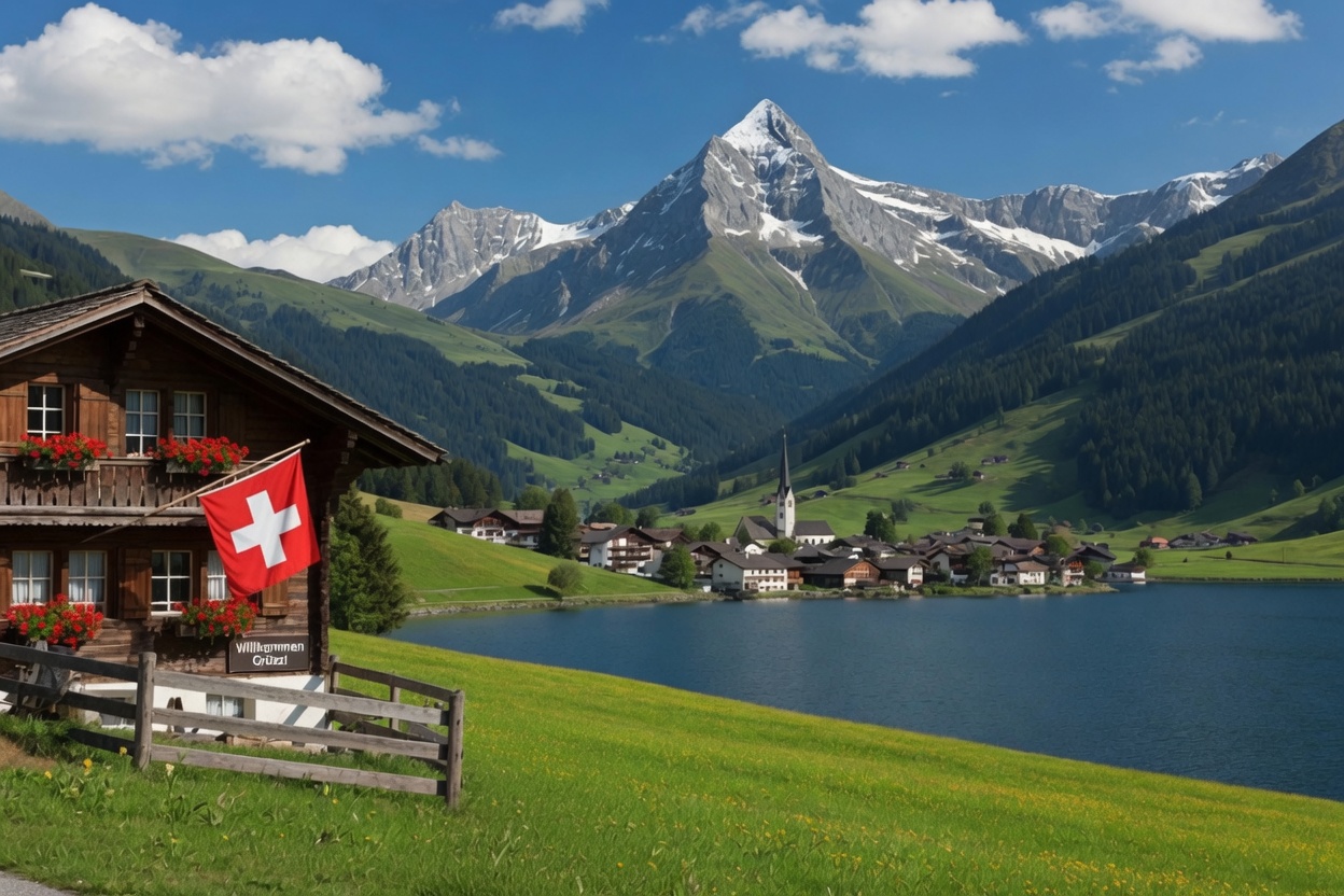 Village suisse au bord d'un lac avec les Alpes en arrière-plan