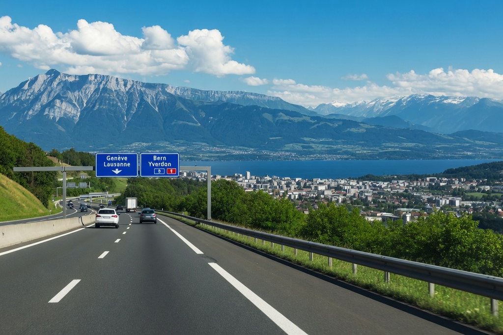 Autoroute suisse avec vue sur le lac Léman et les Alpes