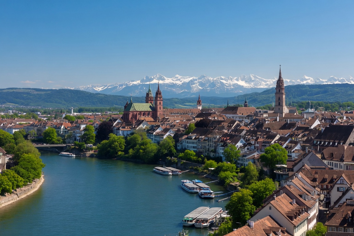 Panorama de Bâle et le Rhin avec les Alpes en arrière-plan
